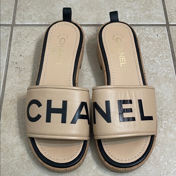 CHANEL Shoes - CHANEL Beige Leather Logo Cork Slide Sandals